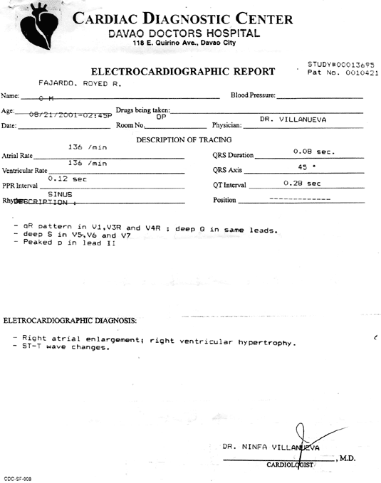 Echocardiographic Diagnosis, Medical Document from Cardiac Diagnostic Center, Davao Doctors Hospital, Philippines. Royed Fajardo, 5 months Jan 2002 - The Original Internet Lifeline 2002 - BOES.ORG/internetlifeline