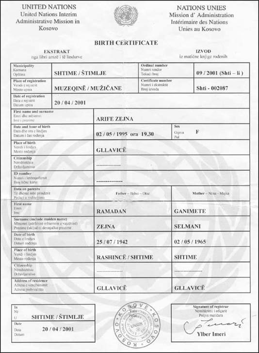 Birth certificate, United Nations Interim, Administrative Mission in Kosovo