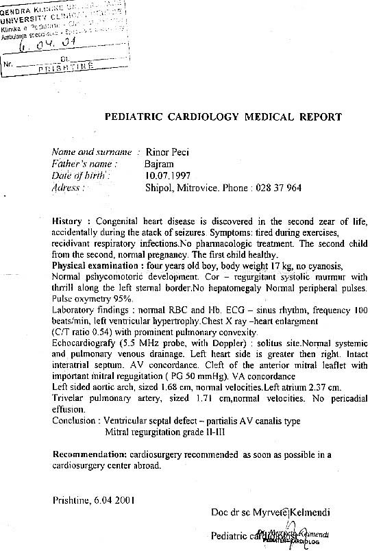 Pediatric Cardiology Medical Report for Rinor Peci, 2001-04-06